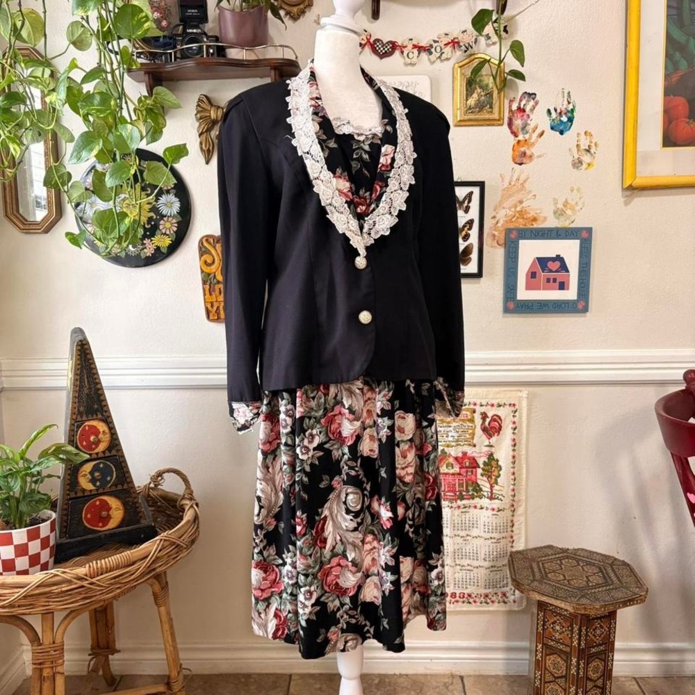 Vtg 80s Jeffrey & Dara 11/12 Two Piece Set Floral Lace Trim Blazer Skirt Midi